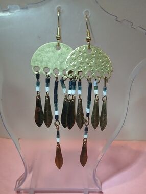 Hand Crafted Gold Tone Hammered Chandelier Earrings